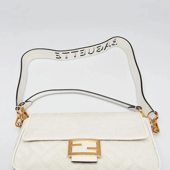 Fendi White FF Cotton Canvas Medium Baguette Bag - 8BR600 - Picture 8 of 11